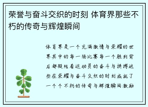 荣誉与奋斗交织的时刻 体育界那些不朽的传奇与辉煌瞬间